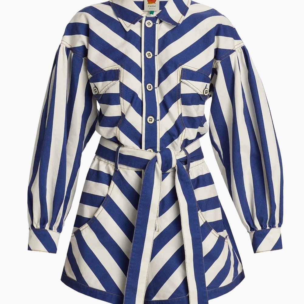 new FARM Rio Blue and White Trench Coat with Chevron Stripes